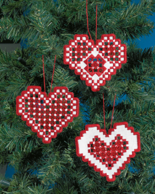 Kit Ricamo Hardanger cuori rossi 3 pz