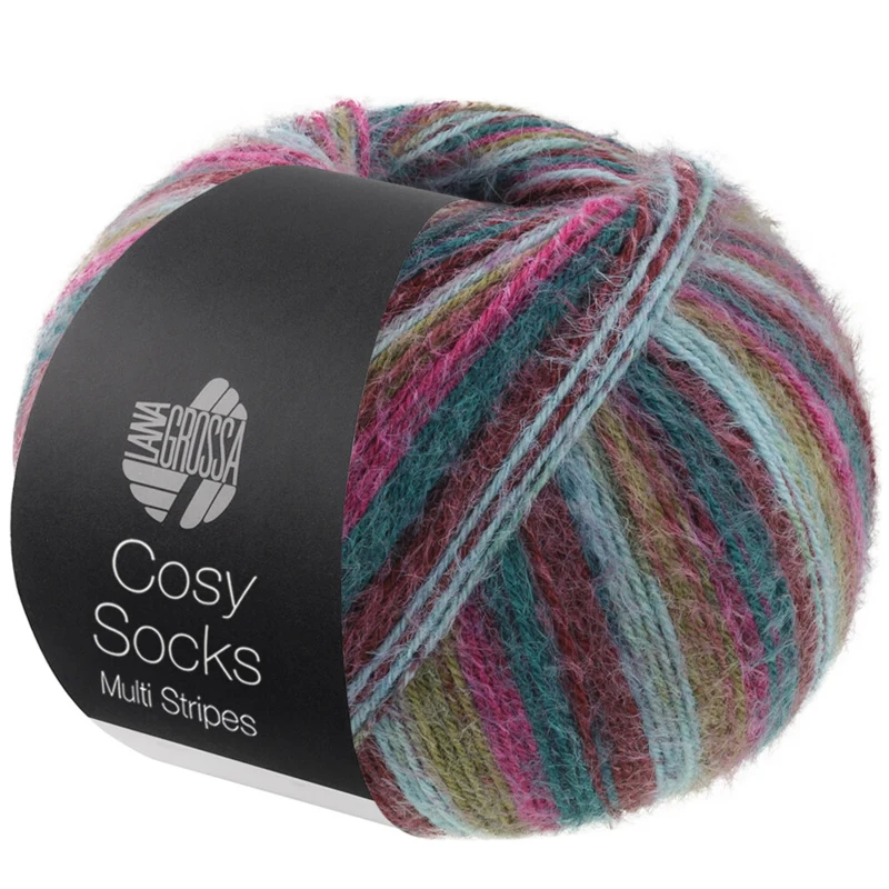 Lana Grossa Cosy Socks Multi Stripes 158 Petrolio/fucsia scuro/oliva/turchese menta/rosso scuro