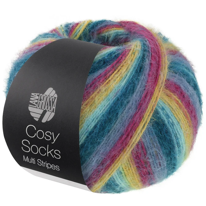 Lana Grossa Cosy Socks Multi Stripes 155 Petrolio scuro/turchese chiaro/giallo/orchidea/viola grigio