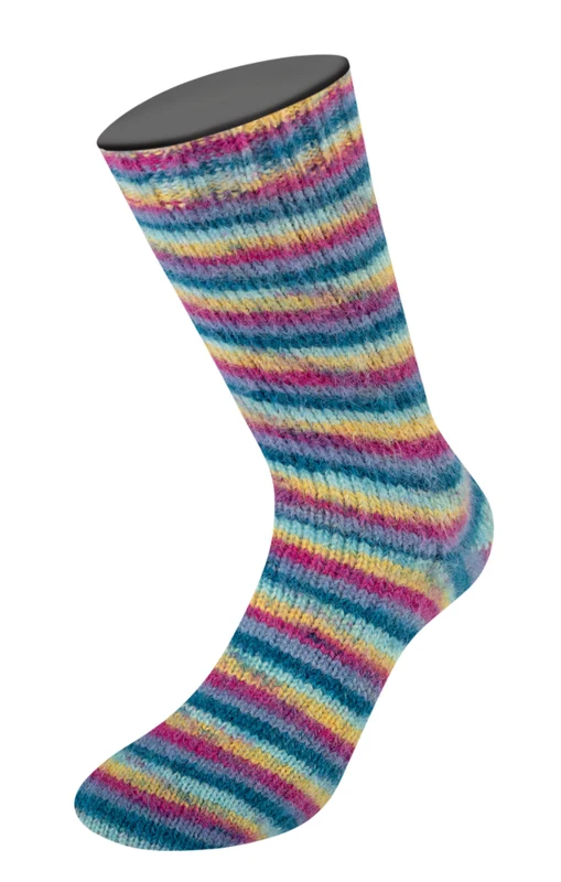 Lana Grossa Cosy Socks Multi Stripes 155 Petrolio scuro/turchese chiaro/giallo/orchidea/viola grigio