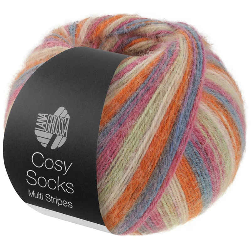 Lana Grossa Cosy Socks Multi Stripes 154 Grigio scuro/blu grigio/fucsia/verde chiaro/crema/arancione
