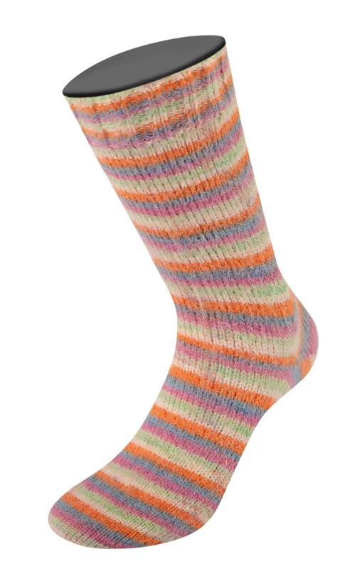 Lana Grossa Cosy Socks Multi Stripes 154 Grigio scuro/blu grigio/fucsia/verde chiaro/crema/arancione
