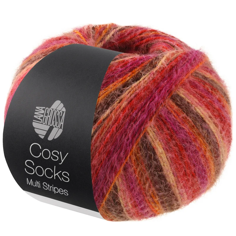 Lana Grossa Cosy Socks Multi Stripes 159 Rosso/fucsia/arancione/marrone scuro/salmone