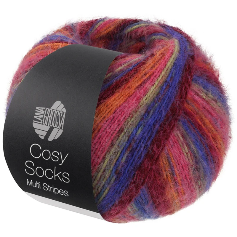 Lana Grossa Cosy Socks Multi Stripes 156 Blu violetto/rosso vino/zucca/rosa/verde grigio