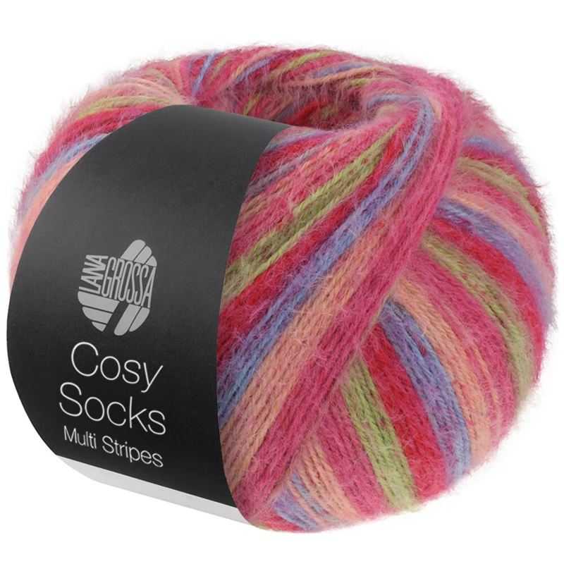 Lana Grossa Cosy Socks Multi Stripes 152 Rosso tulipano/blu violetto/rosa salmone/rosa/verde chiaro