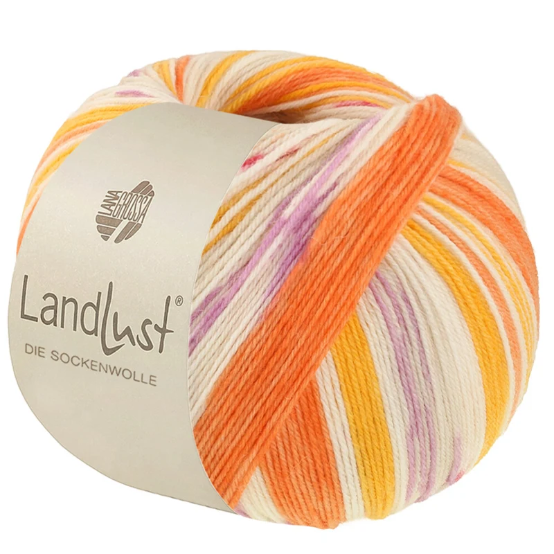 Lana Grossa Landlust Die Sockenwolle 723 Giallo arancio/Rosso arancio/Crema/Viola/Beige chiaro/Arancio salmone/Rosso