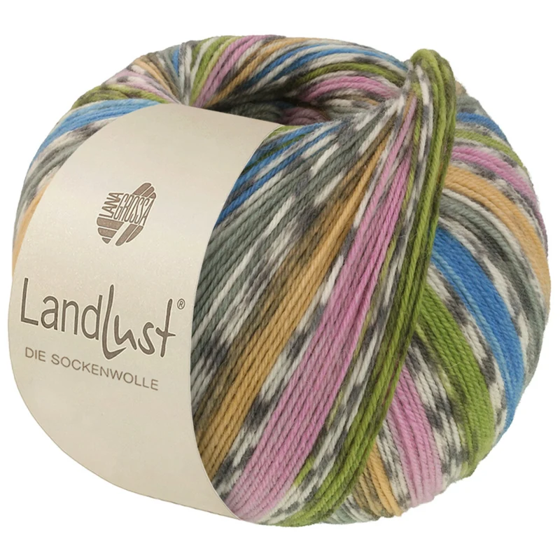 Lana Grossa Landlust Die Sockenwolle 822 Blu azzurro/Verde grigio/Giallo/Viola/Verde primavera/Bianco sporco/Grigio