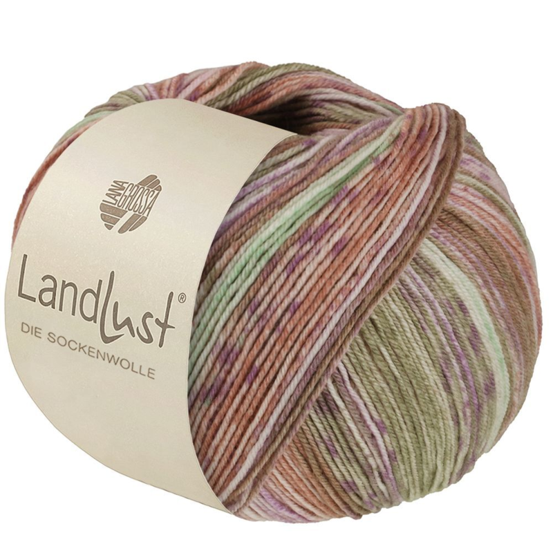 Lana Grossa Landlust die Sockenwolle Seide 332 Verde kaki/Beige/Viola/Rosa/Pesca/Verde chiaro a righe