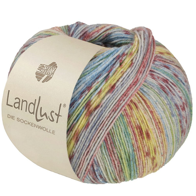 Lana Grossa Landlust die Sockenwolle Seide 331 Verde chiaro/-blu/Terracotta/Vaniglia/Ecru/Rosa antico/Grigio chiaro a righe
