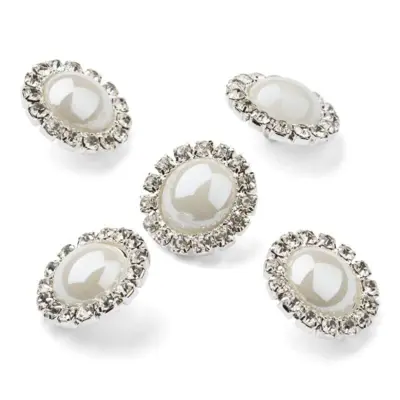 HobbyArts Bottoni con Strass e Perle, Bianchi, 15 mm, 5 pz